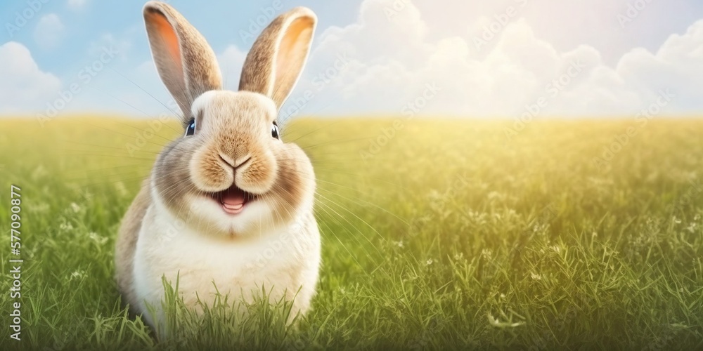 Obraz premium cute animal pet rabbit or adorable bunny on the meadow for easter background