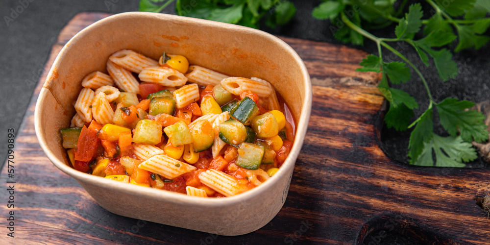 fresh pasta salad tomato, cucumber, corn, vegetable, penne pasta meal food snack on the table copy space food background rustic top view fresh pasta salad tomato, cucumber, corn, vegetable, penne pasta meal food snack on the table copy space food background rustic top view
