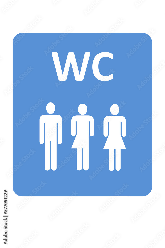 Illustration with a street sign of public toilets, WC, with three persons as figures in it, man, woman and neutral unisex gender at blue background Illustration with a street sign of public toilets, WC, with three persons as figures in it, man, woman and neutral unisex gender at blue background