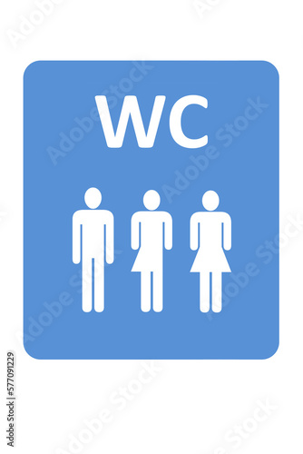 Illustration with a street sign of public toilets, WC, with three persons as figures in it, man, woman and neutral unisex gender at blue background