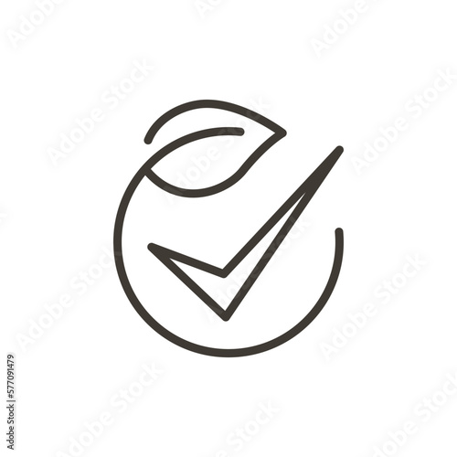 Leaf with checkmark. Vector thin line outline icon illustration. Bio, organic, environmenaly friendly