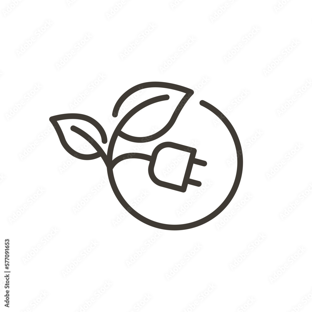 Leaf, plug plant and electricity vector thin line outline icon illustration. Image for electricity, saving energy, sustainability, renewable alternative energies Leaf, plug plant and electricity vector thin line outline icon illustration. Image for electricity, saving energy, sustainability, renewable alternative energies