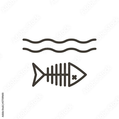 Vector thin line icon illustration with fishbone dead fish spine under the water. Minimal illustration  of a dead fish representing health of the oceans, environmental awareness