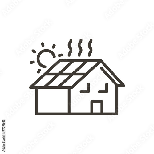 Solar panel on the roof of a house vector thin line icon with the sun. Sustainable, eco friendly, alternative energies, future technology outline illustration
