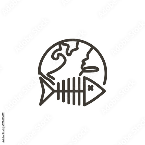 Vector thin line icon illustration with fishbone dead fish spine with planet earth. Minimal illustration representing health of the oceans, environmental preservation and awareness