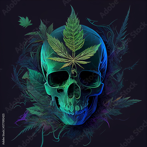 Skull head with cannabis leaves, Green skull. Evil skeleton head, Marijuana skul, generative ai.