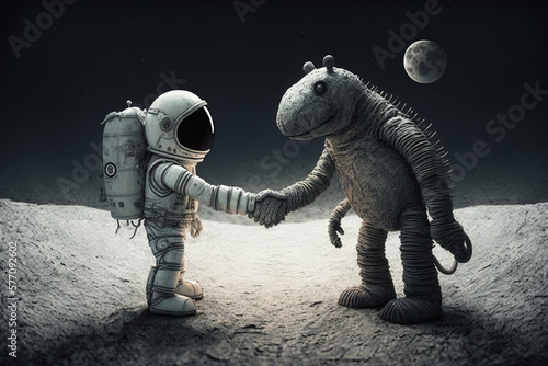 A Friendly Encounter Between Human and Alien with a welcoming hand shake. First Contact between humans and aliens. Ai generated