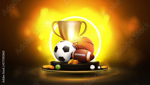 Podium with neon circle on background, champion cup, gold coins and sport balls in orange blurred scene
