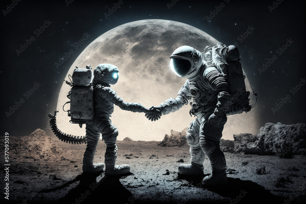 Fototapeta premium A Friendly Encounter Between Human and Alien with a welcoming hand shake. First Contact between humans and aliens. Ai generated