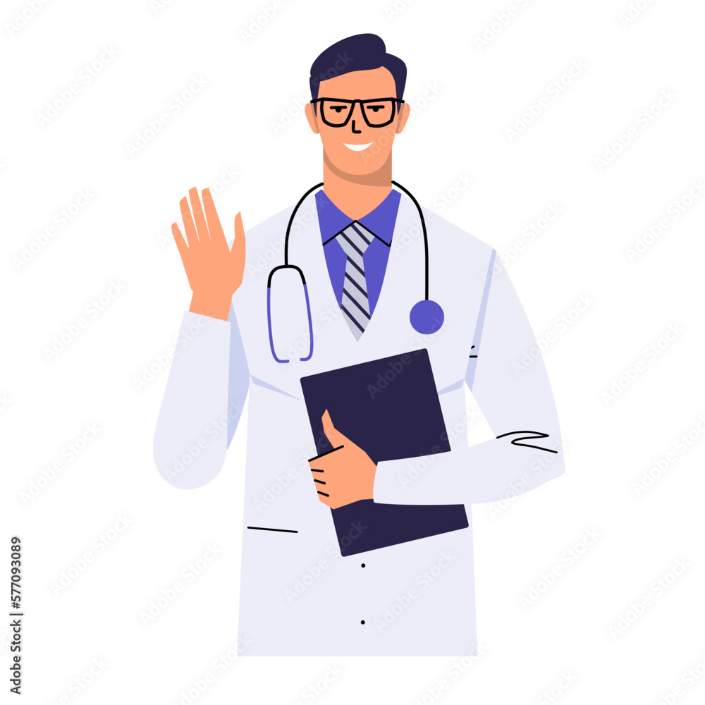 Doctor in glasses greets with his hand. Holds a clipboard and waves. A welcoming gesture. A man with a stethoscope and in a white coat, isolated on white. Flat vector. Doctor in glasses greets with his hand. Holds a clipboard and waves. A welcoming gesture. A man with a stethoscope and in a white coat, isolated on white. Flat vector.