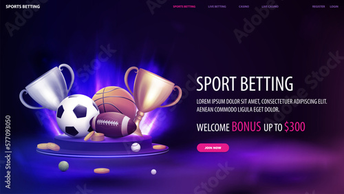 Sport betting, banner with podium with lighting of spotlights, champion cups and sport balls in dark scene with fog