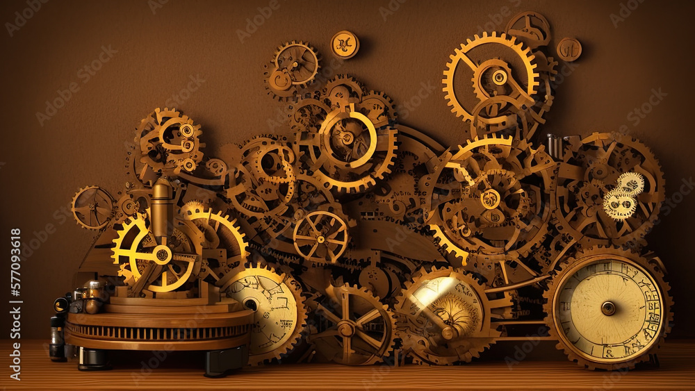 Easter Eggs creative concept applied art, the old bizarre clocks collectibles, and group of collage cogs setting up on the table as steampunk style, chiaroscuro light. AI generative.