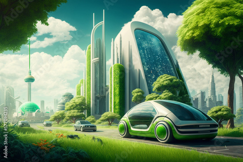 A Futuristic Eco-Friendly City with fresh clean air and environmental friendly Electric EV Cars. Ai generated