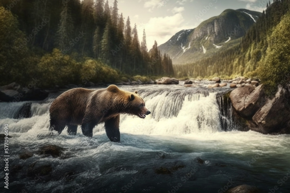 Brown Bear Chasing Wild Salmon in Nordic River Landscape. Ai generated Brown Bear Chasing Wild Salmon in Nordic River Landscape. Ai generated