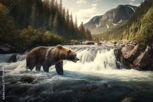 Brown Bear Chasing Wild Salmon in Nordic River Landscape. Ai generated
