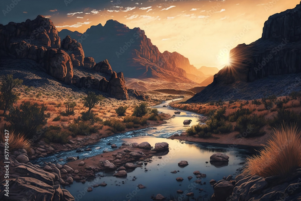 Rock canyon at sunset, Summer Mountain Landscape, Generative AI