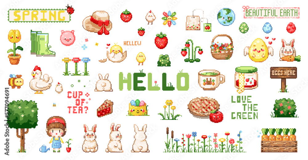 Pixel art cute spring farm and garden sticker set. 8 bit vintage video game style spring decorations pack like strawberries, animals, sweets, trees, planting, gardening, garden beds and plants. Pixel art cute spring farm and garden sticker set. 8 bit vintage video game style spring decorations pack like strawberries, animals, sweets, trees, planting, gardening, garden beds and plants.