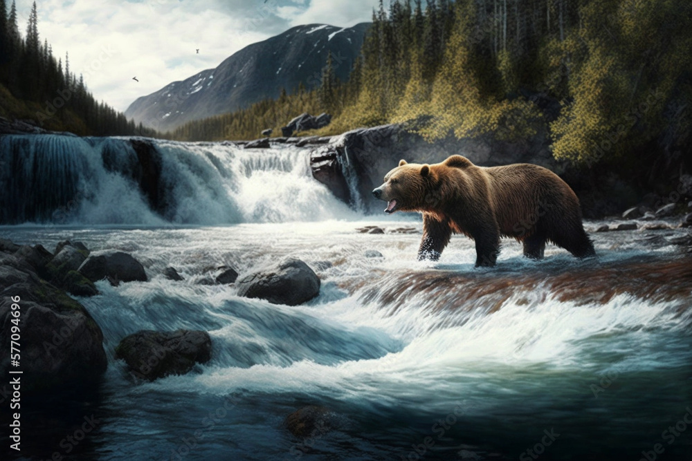 Brown Bear Chasing Wild Salmon in Nordic River Landscape. Ai generated Brown Bear Chasing Wild Salmon in Nordic River Landscape. Ai generated