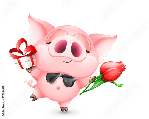 Funny pink cartoon festive Pig gentleman with black bow tie, tulip flower and gift box. Isolated