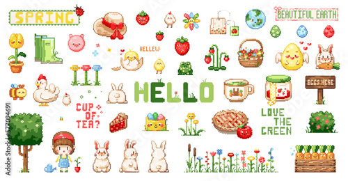 Fototapeta Naklejka Na Ścianę i Meble -  Pixel art cute spring farm and garden sticker set. 8 bit vintage video game style spring decorations pack like strawberries, animals, sweets, trees, planting, gardening, garden beds and plants.
