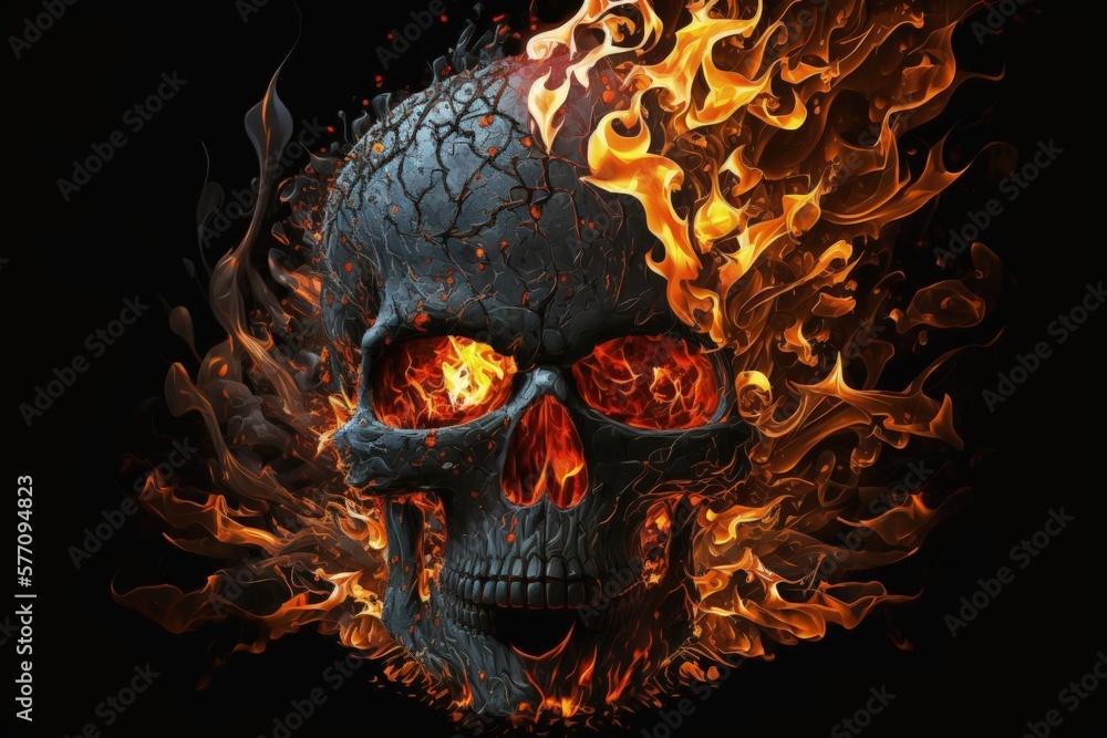 Black as night skull, alight with molten lava and raging fire . Generative AI Black as night skull, alight with molten lava and raging fire . Generative AI
