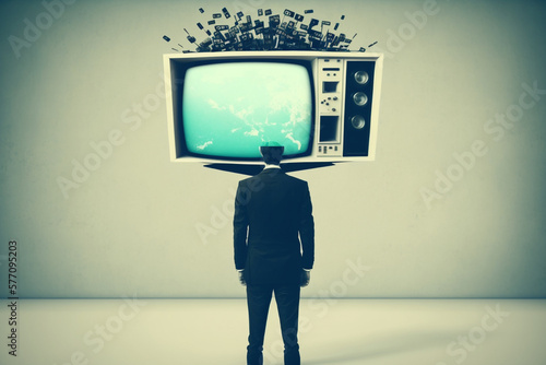 Businessman with a TV instead of his head, symbolizing the idea of media control and TV addiction. Ai generated