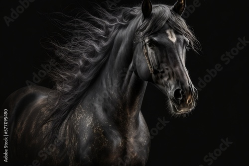 Friesian black horse breed portrait on a black backdrop. Generative AI © AkuAku