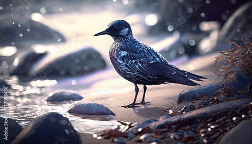  a bird standing on a beach next to a body of water with rocks in the background and a stream of water running through the sand.  generative ai © Jevjenijs