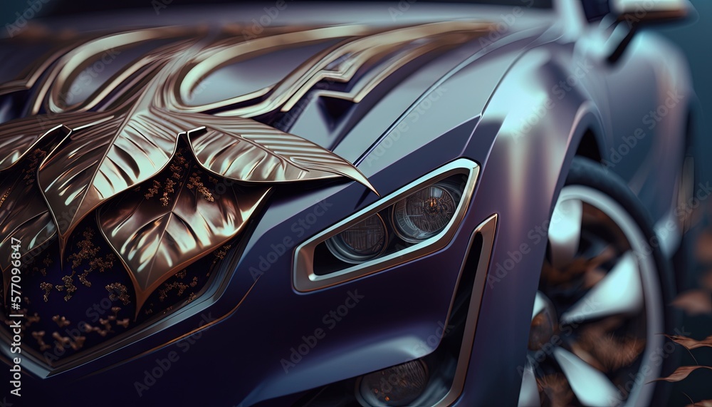  a close up of a car with a leaf on the front of it's hood and the hood of it's hood up.  generative ai