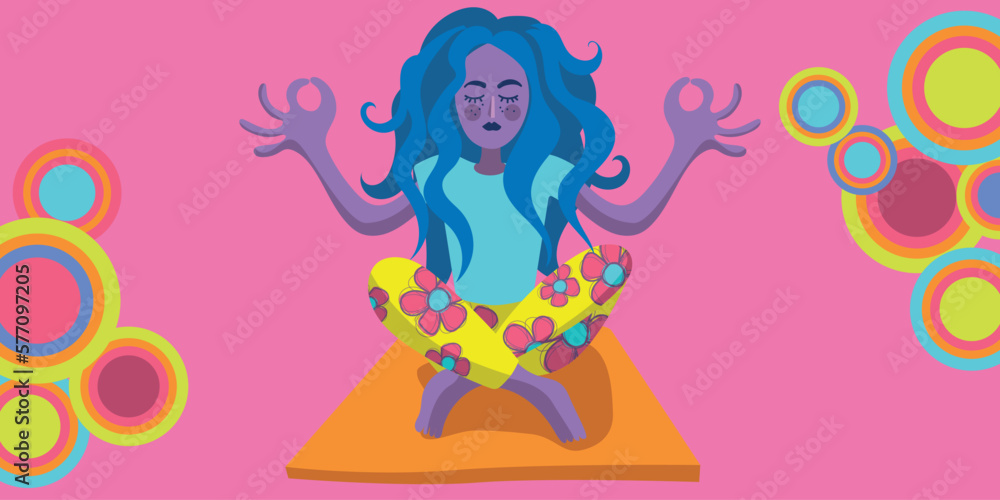 Illustration of a zen woman in lotus yoga position- colorful design - feminity and nature