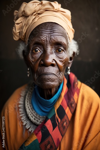 Portrait of an old african woman sitting next to the wall. generate by ai