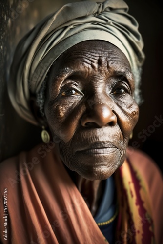 Portrait of an old african woman sitting next to the wall. generate by ai