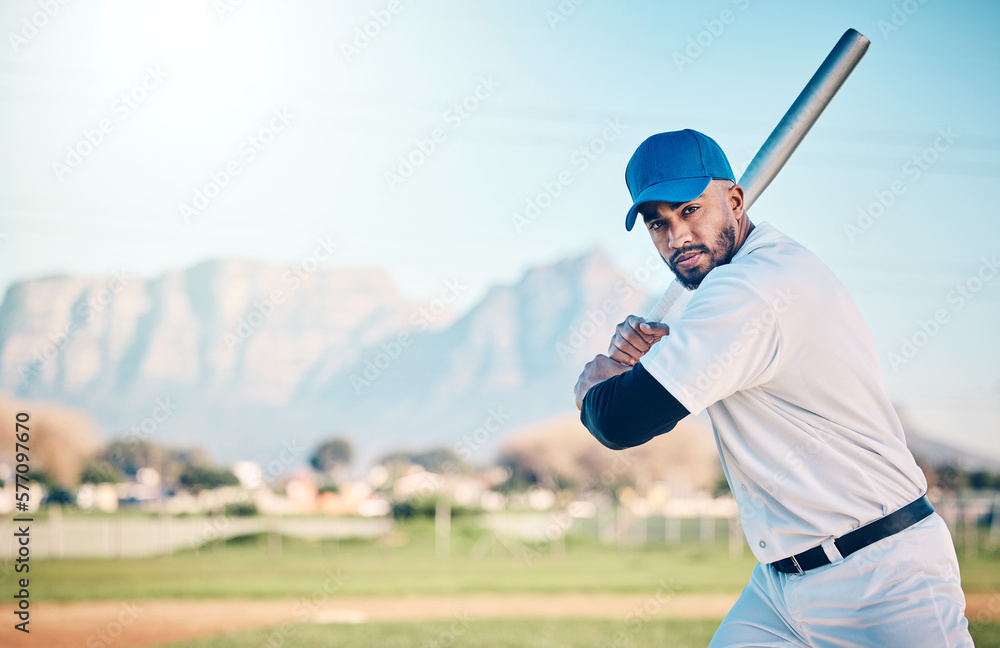 Obraz premium Baseball bat, athlete portrait and field of a professional player from Dominican Republic outdoor. Sport game, fitness and sports gear of a man doing exercise, training and workout with mockup