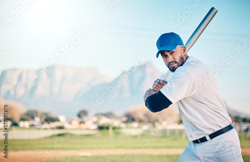 Baseball bat, athlete portrait and field of a professional player from Dominican Republic outdoor. Sport game, fitness and sports gear of a man doing exercise, training and workout with mockup photo