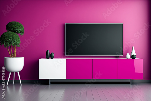 Photographie Cabinet for TV in modern living room on white viva magenta wall background