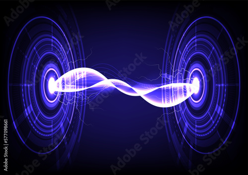 Abstract technology style background, theme of flowing sparkle energy and voltage between two tech circles