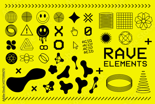 Rave psychedelic retro futuristic set. Surreal geometric shapes, abstract backgrounds, patterns, wireframe, cyberpunk elements and perspective grids. Vector elements in trendy psychedelic