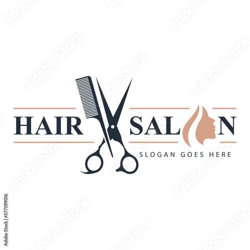 Scissors and comb icon salon logo design template. Hairstyle, beautiful haircut with scissors and woman face vector.