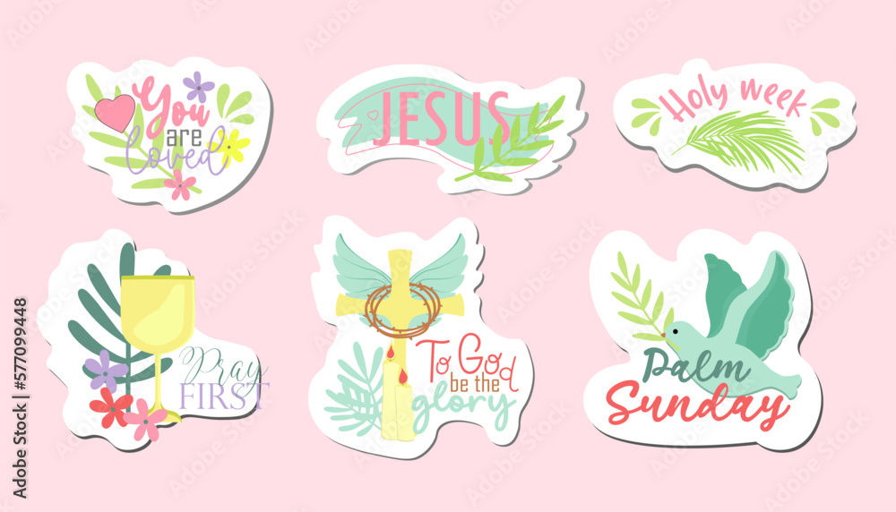 set of religious stickers.Christianity. Palm sunday.Christian stickers vector illustration.