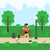 Young woman running in the park, wearing shorts and a T-shirt. Healthy active lifestyle. Isolated vector illustration