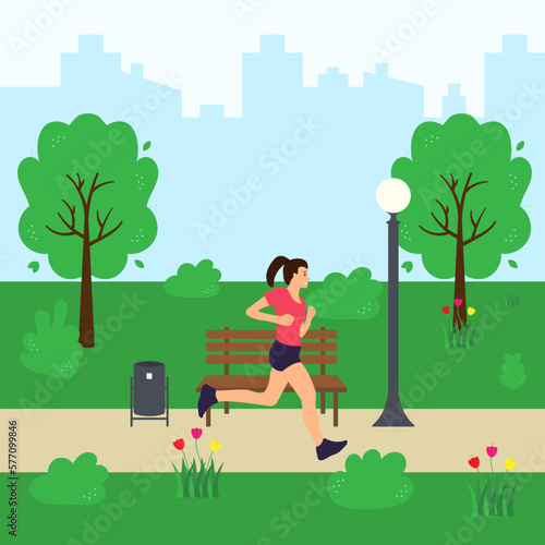 Young woman running in the park, wearing shorts and a T-shirt. Healthy active lifestyle. Isolated vector illustration
