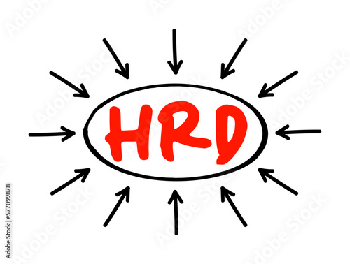 HRD Human Resource Development - improving the effectiveness of organizations and the individuals and teams, acronym text concept with arrows