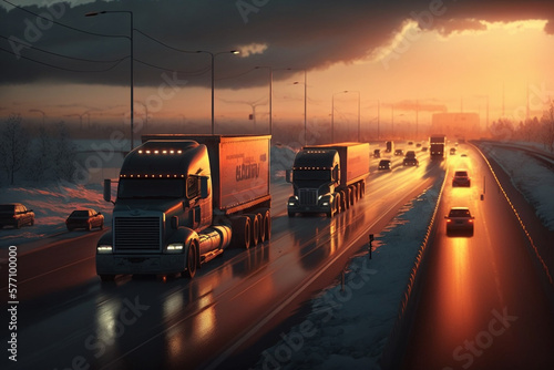 Cargo Trucks on the Highway at Sunset carrying merchendise. Beautiful Truck on the Road at sunrise. Ai generated