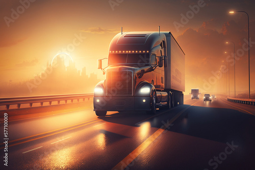 Cargo Trucks on the Highway at Sunset carrying merchendise. Beautiful Truck on the Road at sunrise. Ai generated photo