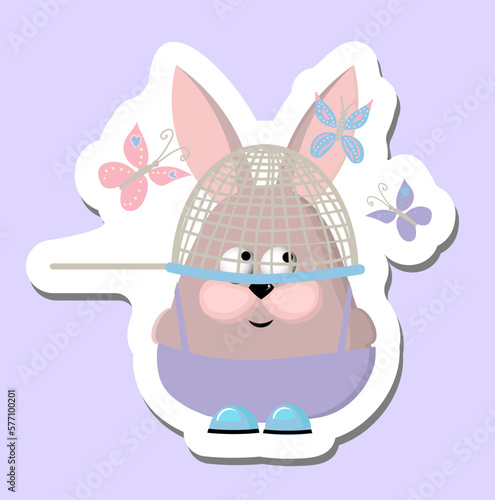 Rabbit with butterflies. Cute bunny sticker. Vector illustration of a rabbit. catching butterflies. net