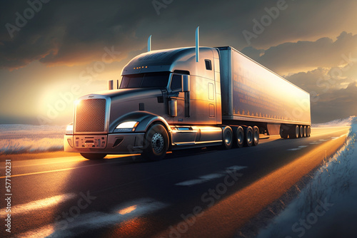 Cargo Trucks on the Highway at Sunset carrying merchendise. Beautiful Truck on the Road at sunrise. Ai generated © twindesigner