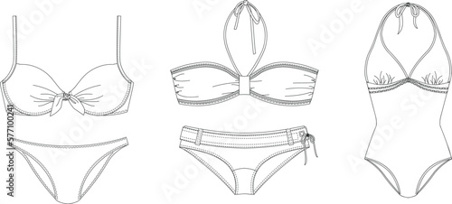  "Woman swimwear, technical drawing, template, sketch, flat, mock up. Recycled PA, Recycled PES, Lycra fabric swimwear front view, white color" 