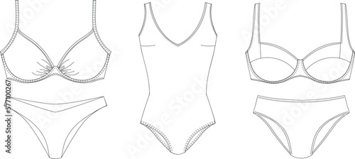  "Woman swimwear, technical drawing, template, sketch, flat, mock up. Recycled PA, Recycled PES, Lycra fabric swimwear front view, white color" 