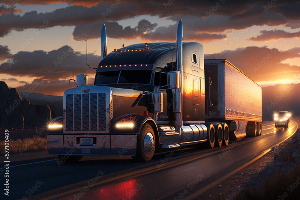 Cargo Trucks on the Highway at Sunset carrying merchendise. Beautiful Truck on the Road at sunrise. Ai generated - obrazy, fototapety, plakaty 