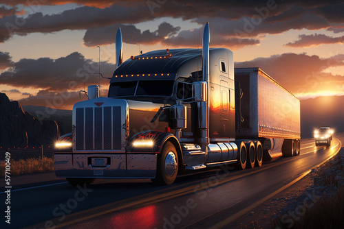 Foto Cargo Trucks on the Highway at Sunset carrying merchendise